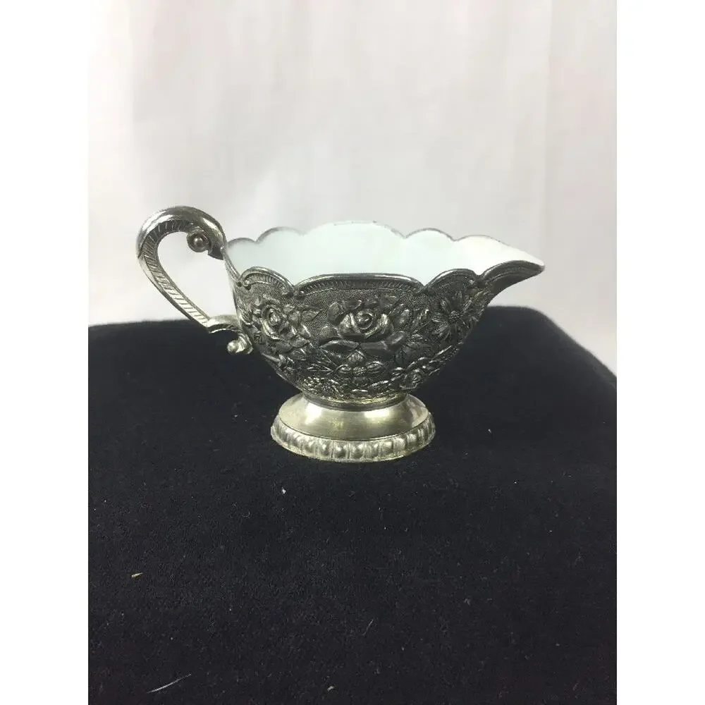 VINTAGE Laurel Leaf Farm Cream Server With White Enamel Inlay 2” Silver Roses